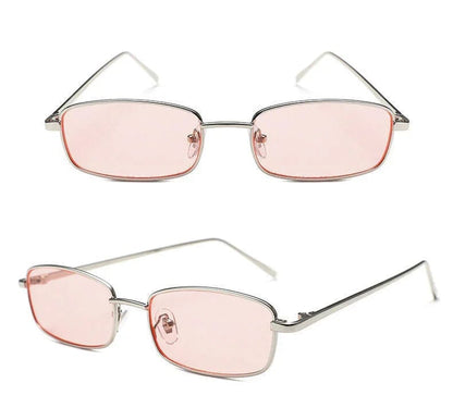 Slim rectangular sunglasses with silver metal frame and light pink tinted lenses