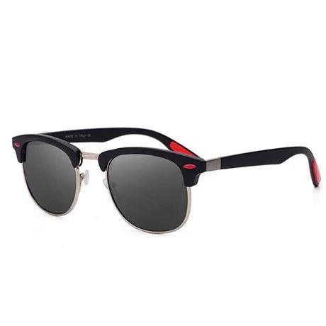 Black and red retro-style sunglasses with silver accents and dark lenses