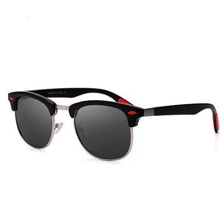 Black and red wayfarer-style sunglasses with dark lenses, sleek metal frame, perfect for daily wear or fashion