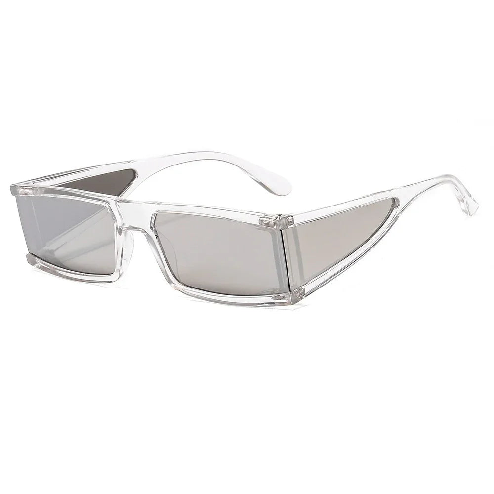 Futuristic clear frame sunglasses with dark rectangular lenses and angular design
