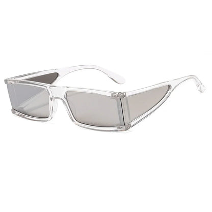 Futuristic clear frame sunglasses with dark rectangular lenses and angular design