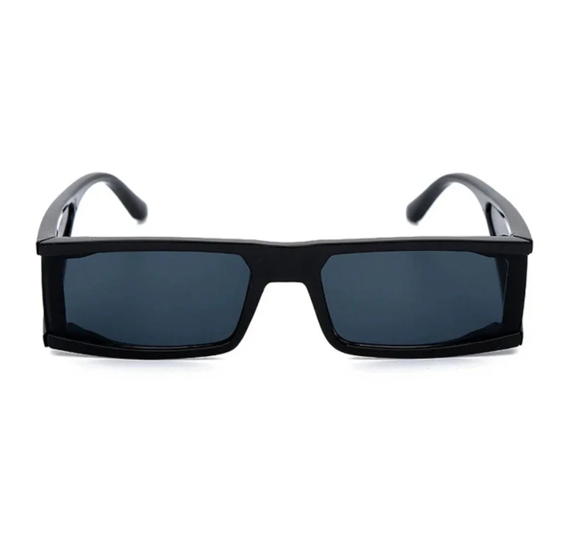 Rectangular black frame sunglasses with dark lenses on white background
