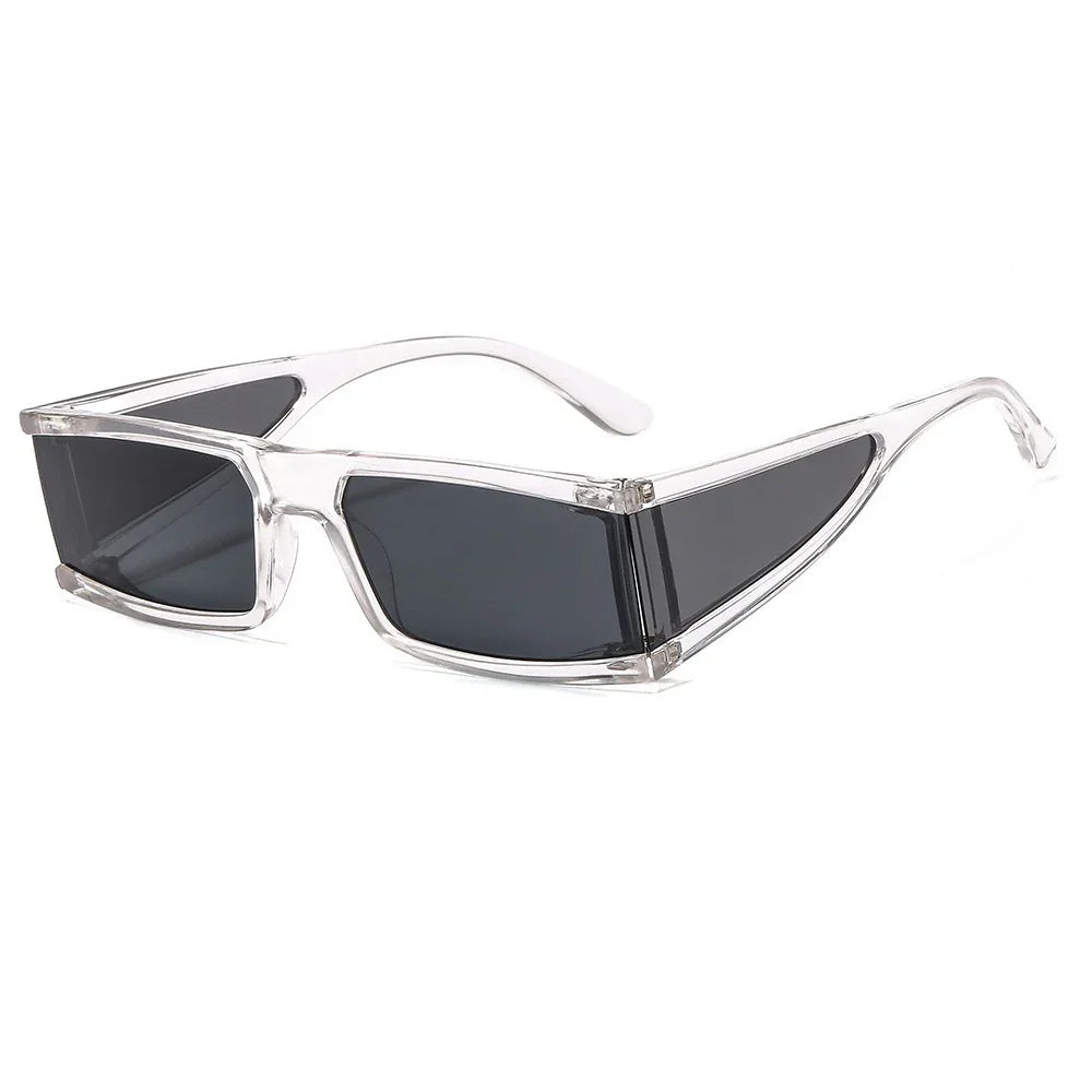 Transparent frame sunglasses with narrow rectangular dark lenses and wraparound side panels