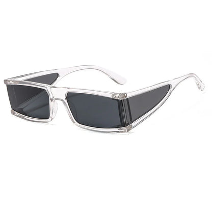 Transparent frame sunglasses with narrow rectangular dark lenses and wraparound side panels