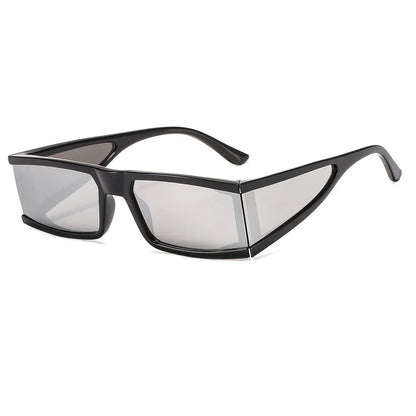 Black wraparound sunglasses with angular gray tinted lenses and a sleek sporty design