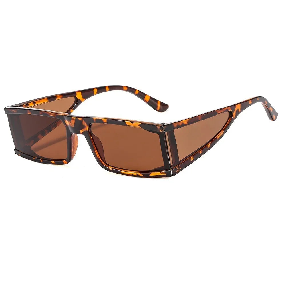 Tortoiseshell rectangular sunglasses with brown tinted lenses on white background