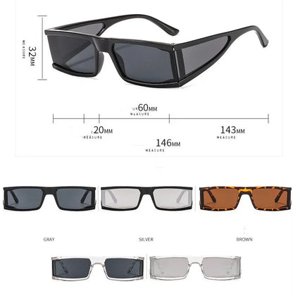 Rectangular slim sunglasses in black, silver, brown tortoiseshell, and clear frames with size measurements