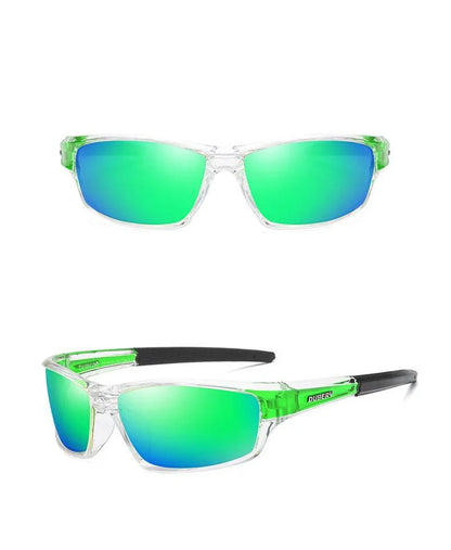 Sporty sunglasses with clear and green frames featuring reflective green-blue lenses