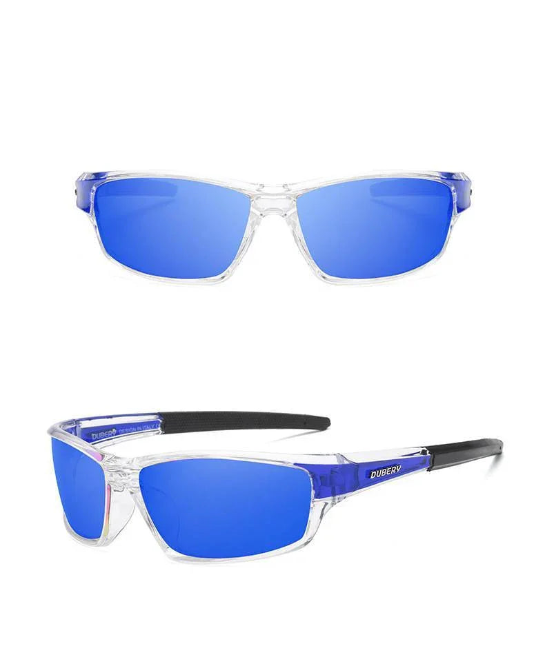 Clear frame sunglasses with blue mirrored rectangular lenses, black temple tips, shown front and side views