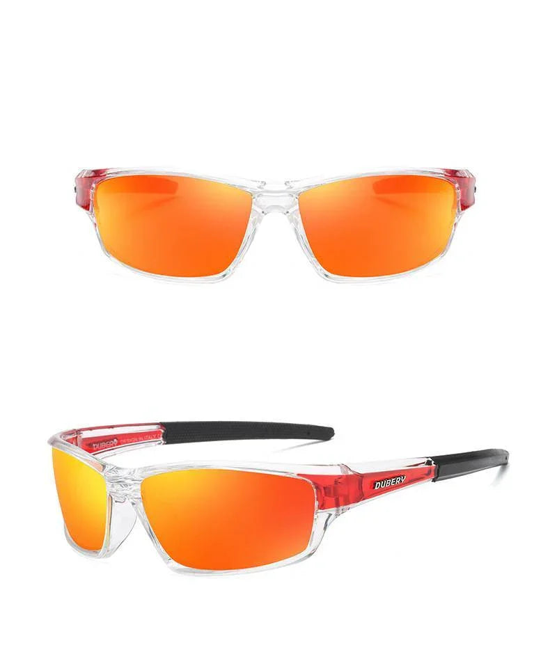 Clear framed sports sunglasses with orange mirrored lenses and black temple tips