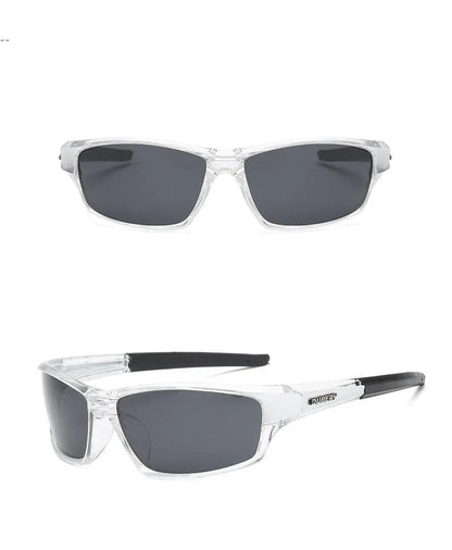 Clear frame rectangular sunglasses with dark lenses and black temple tips shown front and side views