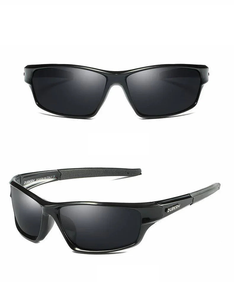 Black wraparound sunglasses with rectangular dark lenses and textured arms