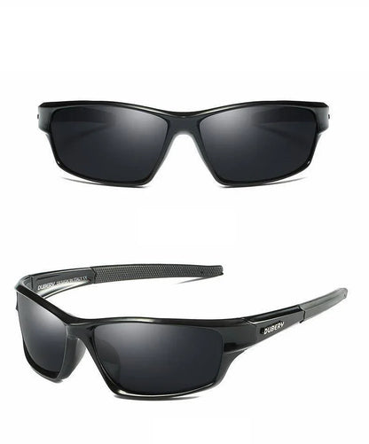 Black wraparound sunglasses with rectangular dark lenses and textured arms