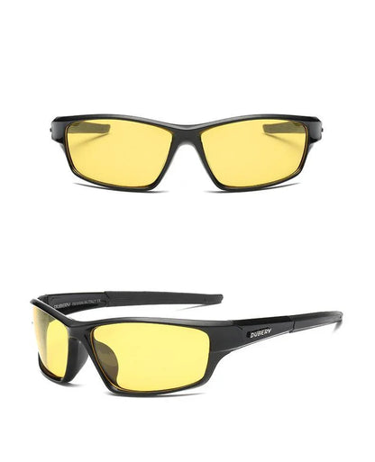 Black framed glasses with yellow tinted lenses shown from front and side angles
