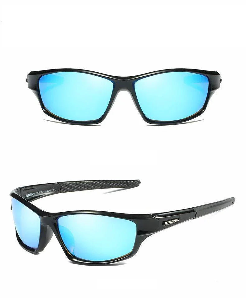 Black sports sunglasses with reflective blue polarized lenses isolated on white background