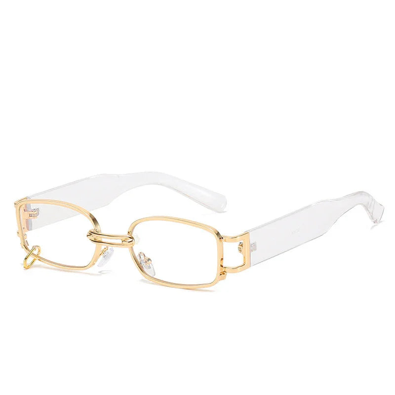 Rectangular gold metal frame eyeglasses with clear thick plastic arms on white background