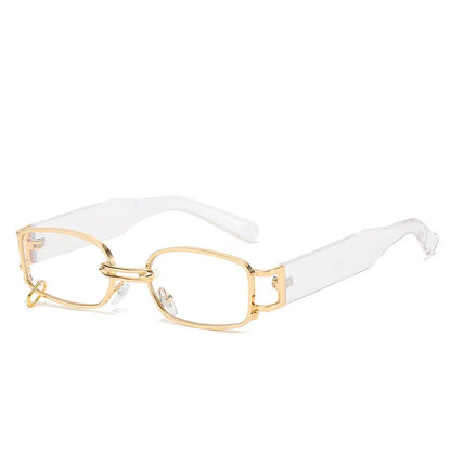 Rectangular gold metal frame eyeglasses with clear thick plastic arms on white background