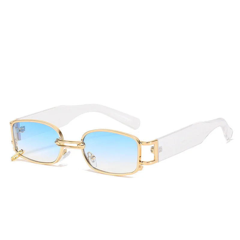 Rectangular sunglasses with light blue gradient lenses, gold metal frame and transparent white arms