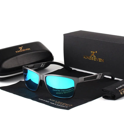 Sporty blue mirrored sunglasses with black frame, protective case, and branded black box