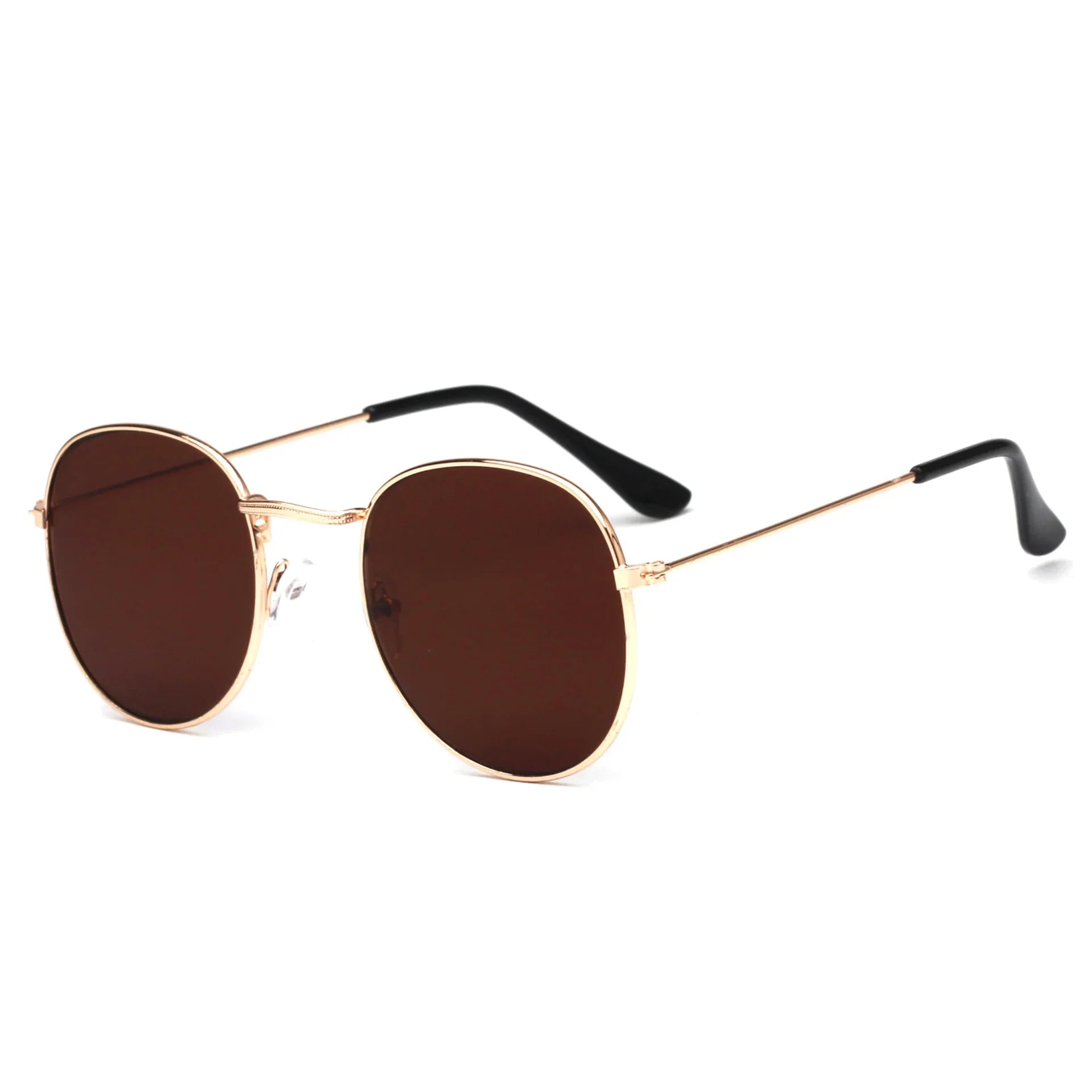 Round sunglasses with gold metal frames and dark brown lenses on white background