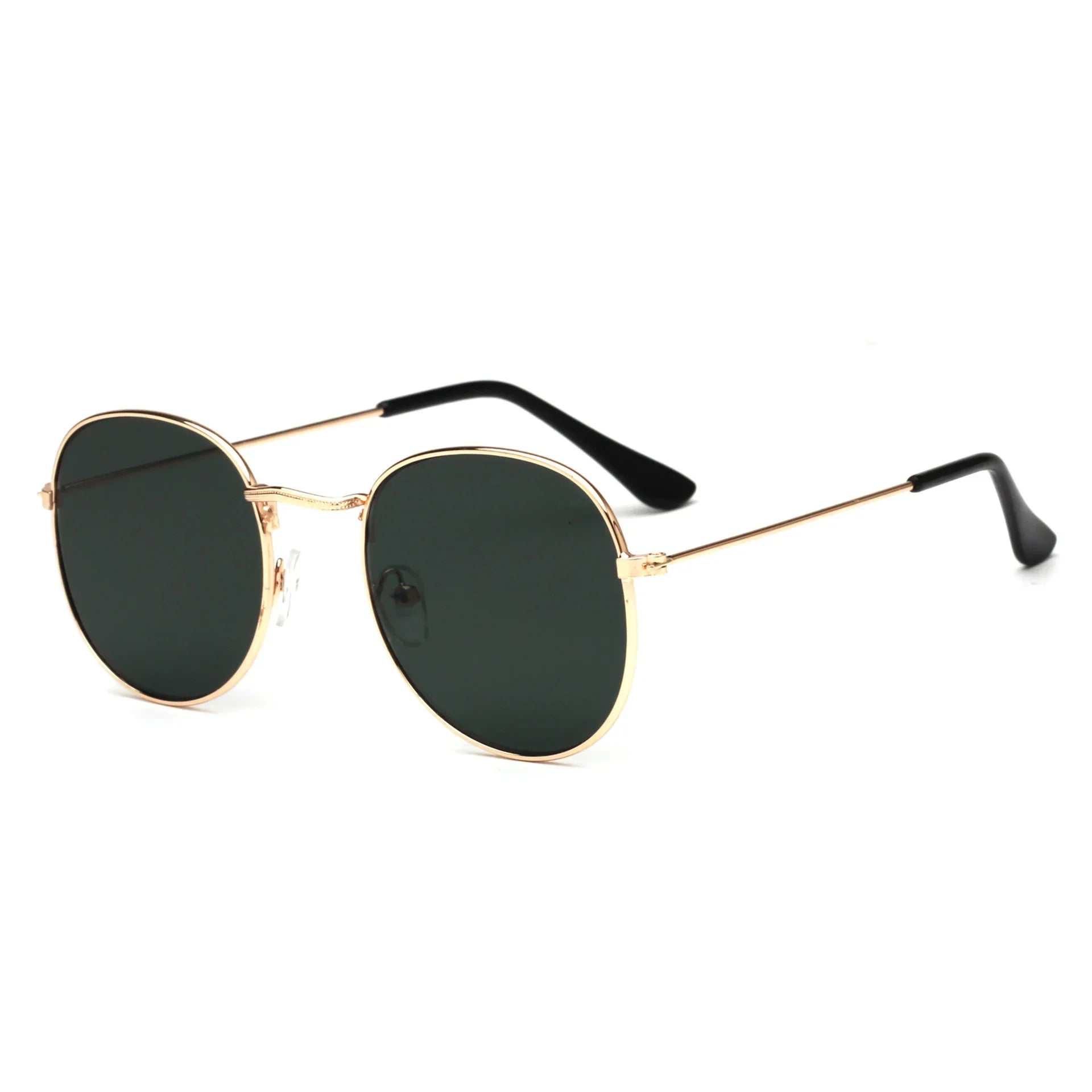 Round sunglasses with gold metal frame and dark tinted lenses on white background