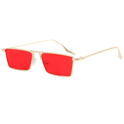 Minimalist gold metal frame sunglasses with rectangular bright red lenses