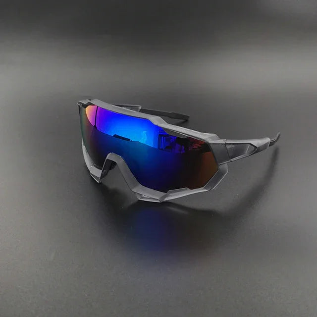 Futuristic sports sunglasses with mirrored blue and purple lens on black background