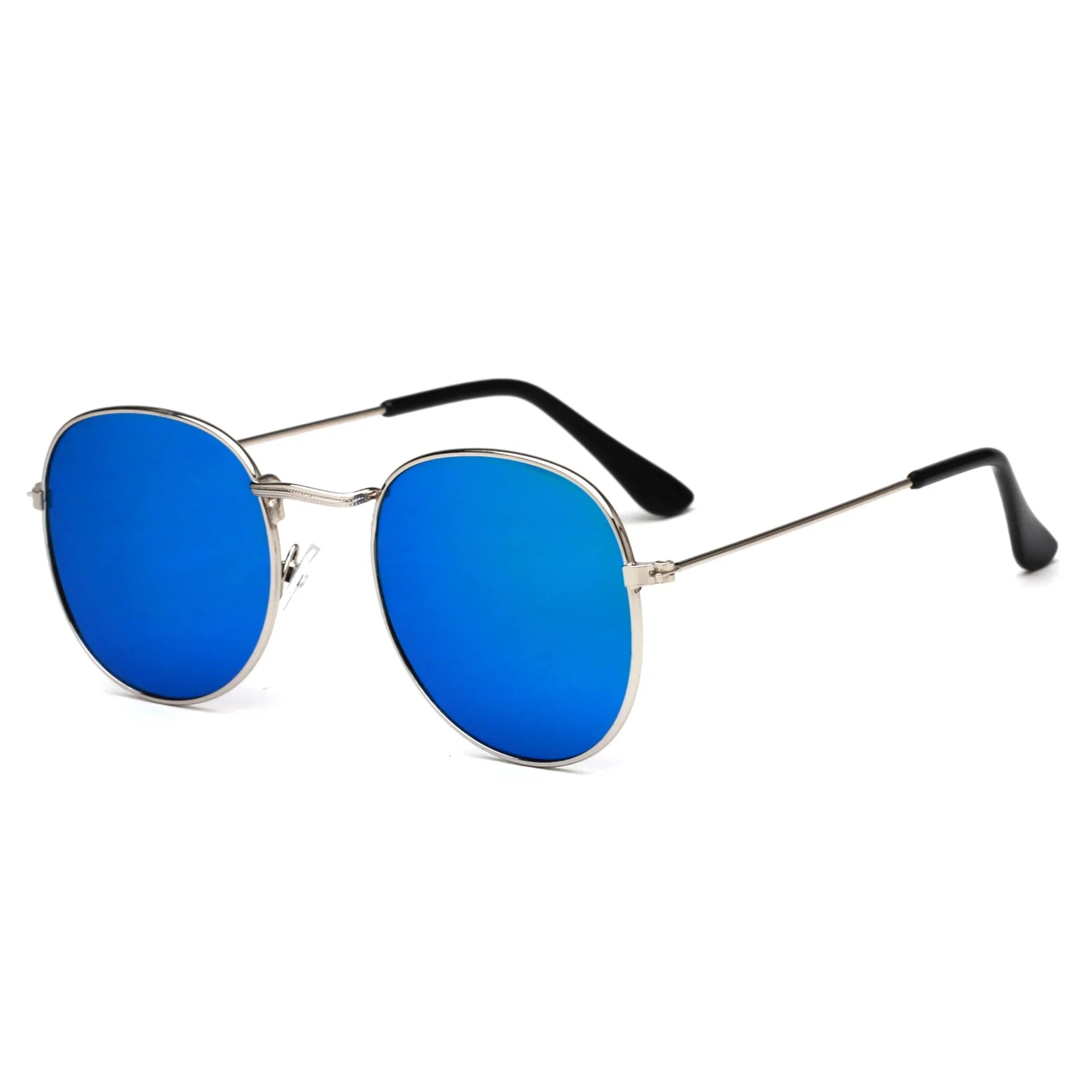 Round blue mirrored lens sunglasses with silver metal frame and black temple tips on white background