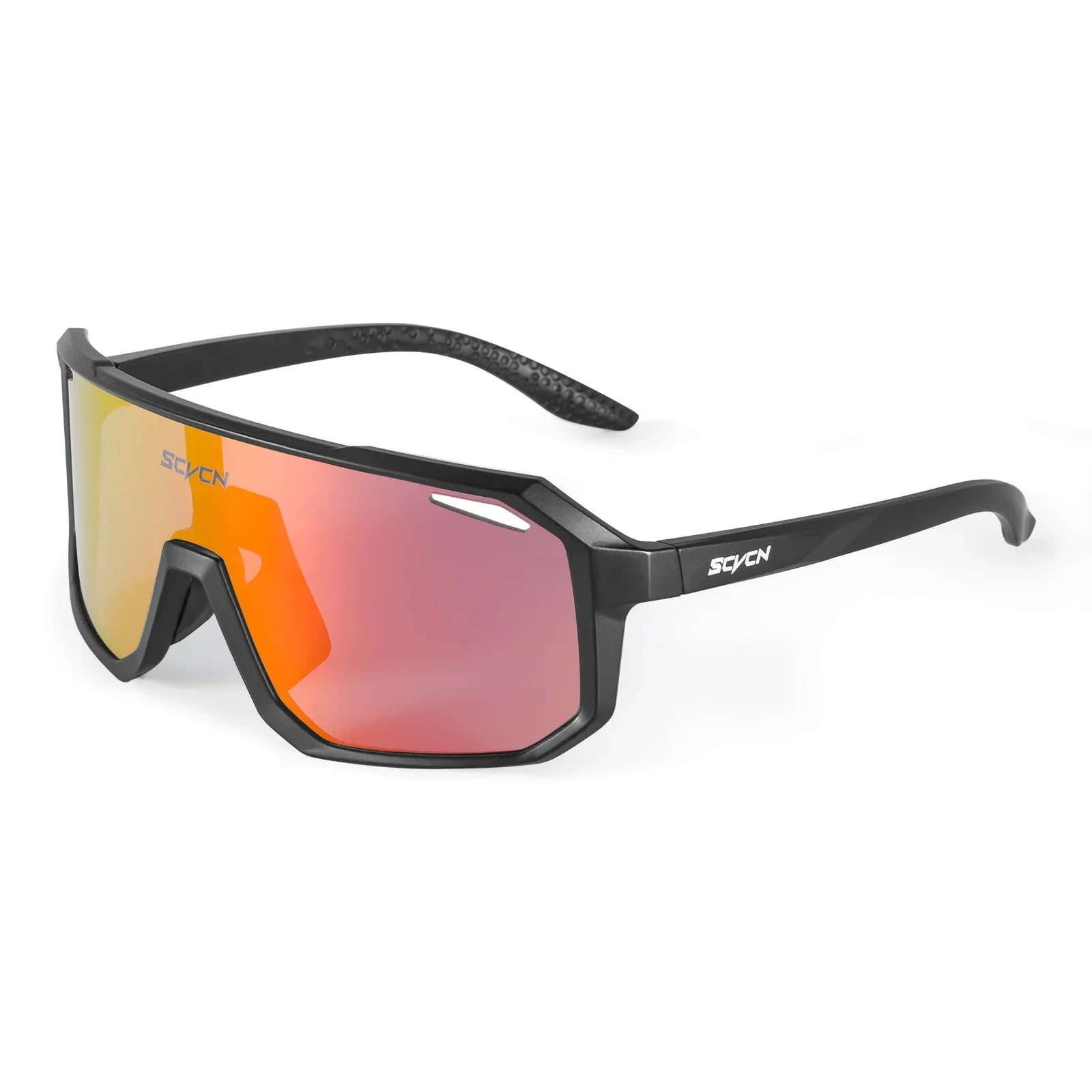 Black sports sunglasses with wide orange-red mirrored lenses and textured black temples