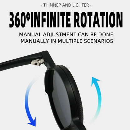 Black sunglasses with 360-degree infinite rotation feature and manual adjustment capability