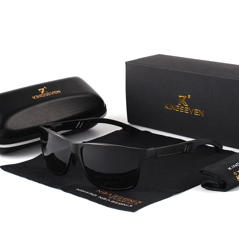 Black polarized wraparound sunglasses with hard case, soft pouch, and cleaning cloth on white background