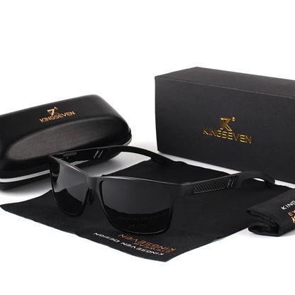 Black polarized wraparound sunglasses with hard case, soft pouch, and cleaning cloth on white background