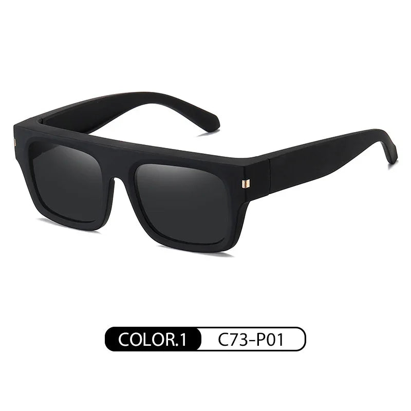 Matte black square sunglasses with thick frames and dark lenses on white background