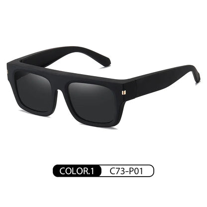 Matte black square sunglasses with thick frames and dark lenses on white background