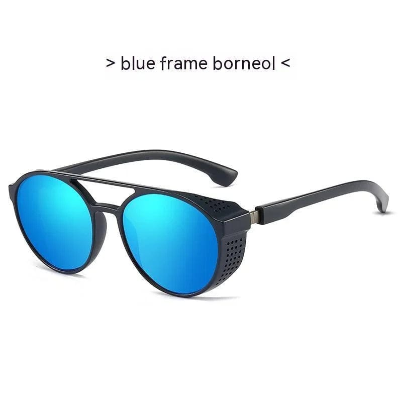 Blue mirrored lens sunglasses with black side shields and sleek black frame