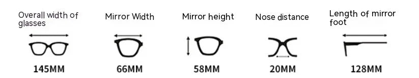 Diagram showing eyeglasses dimensions: overall width 145mm, mirror width 66mm, height 58mm, nose distance 20mm, mirror foot length 128mm
