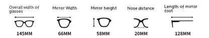 Diagram showing eyeglasses dimensions: overall width 145mm, mirror width 66mm, height 58mm, nose distance 20mm, mirror foot length 128mm