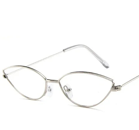 thin metal cat eye eyeglasses with clear lenses on white background