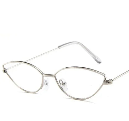 thin metal cat eye eyeglasses with clear lenses on white background