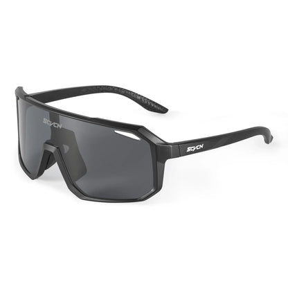 Modern black wraparound sports sunglasses with dark lenses and textured temple tips