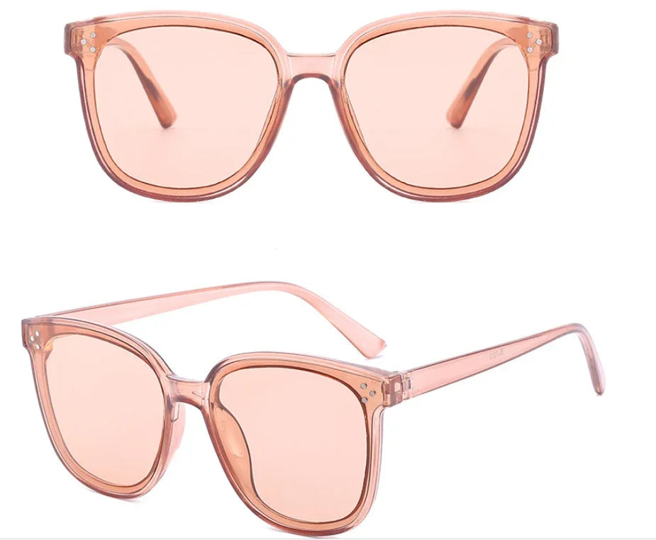 Transparent pink square sunglasses with lightly tinted lenses shown from front and side views