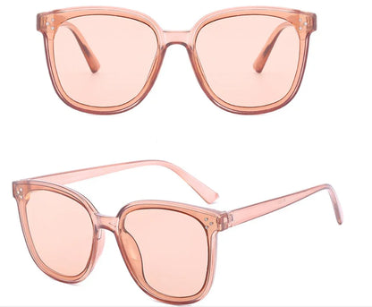 Transparent pink square sunglasses with lightly tinted lenses shown from front and side views