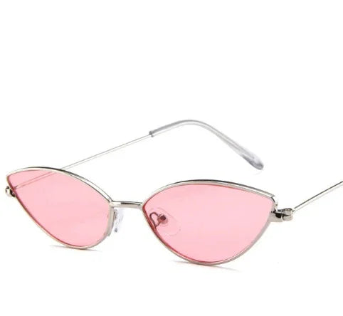 Cat-eye sunglasses with thin silver metal frame and pink tinted lenses