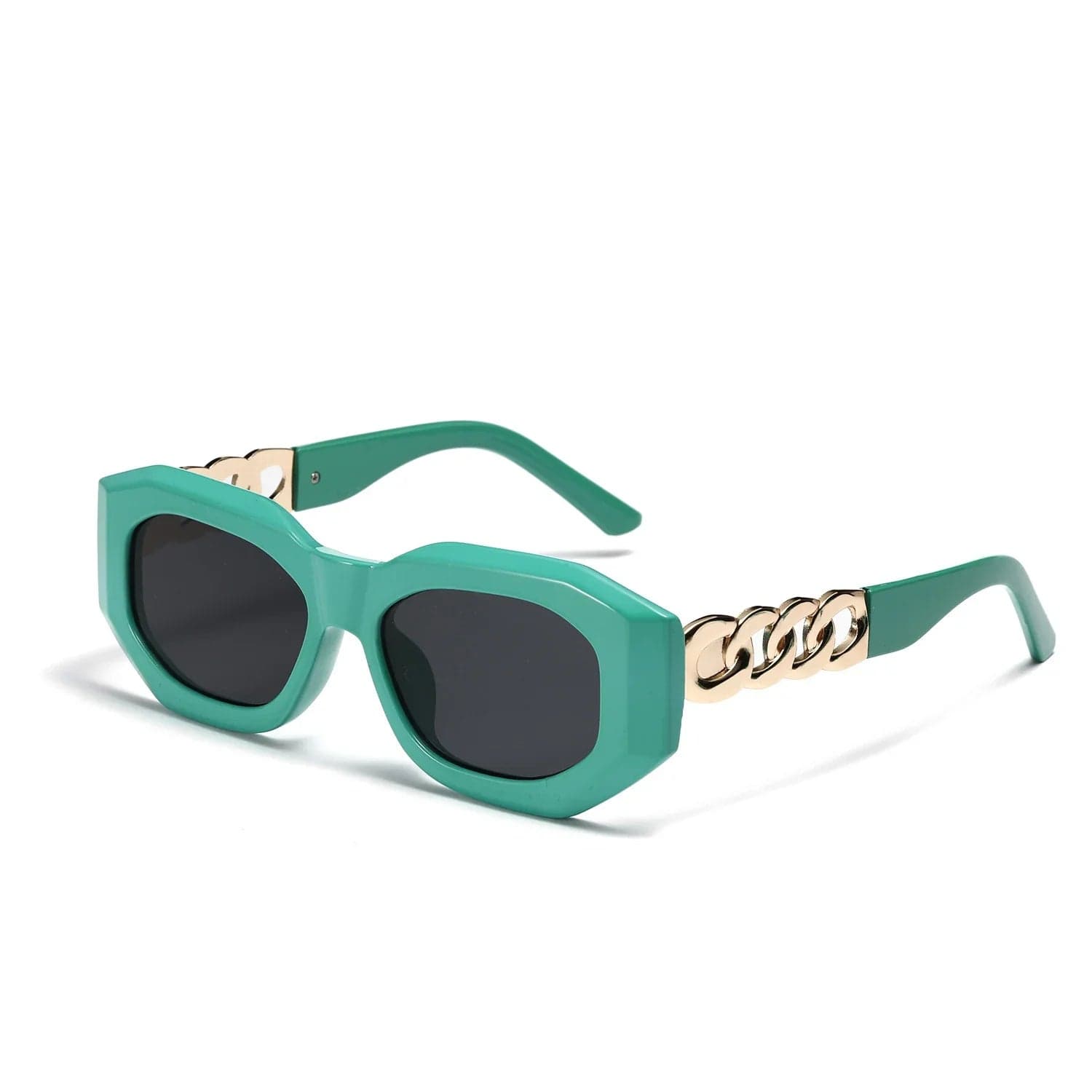 Green geometric sunglasses with black lenses and gold chain-link detail on temples