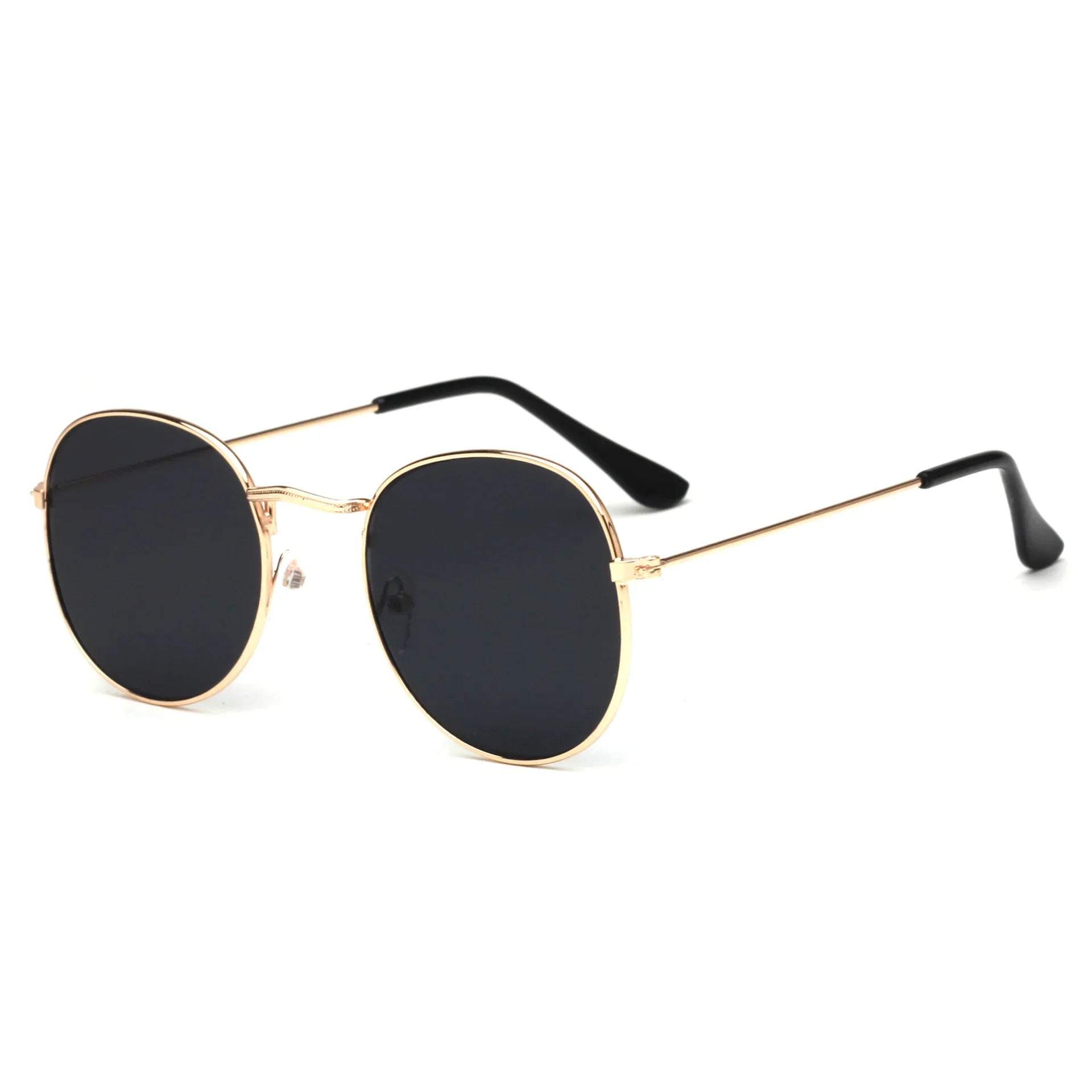 Vintage round black lens sunglasses with slim gold metal frame and black temple tips