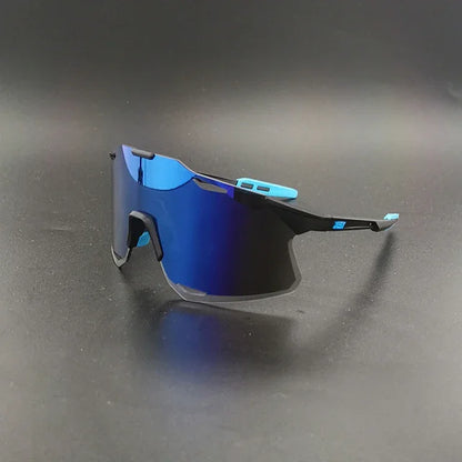 Sport sunglasses with blue mirrored lens and black frame on a dark background
