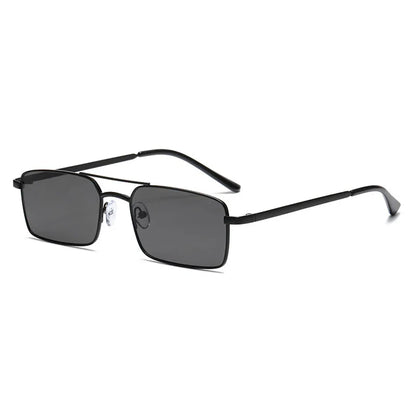 Black rectangular sunglasses with thin metal frames and dark tinted lenses on white background