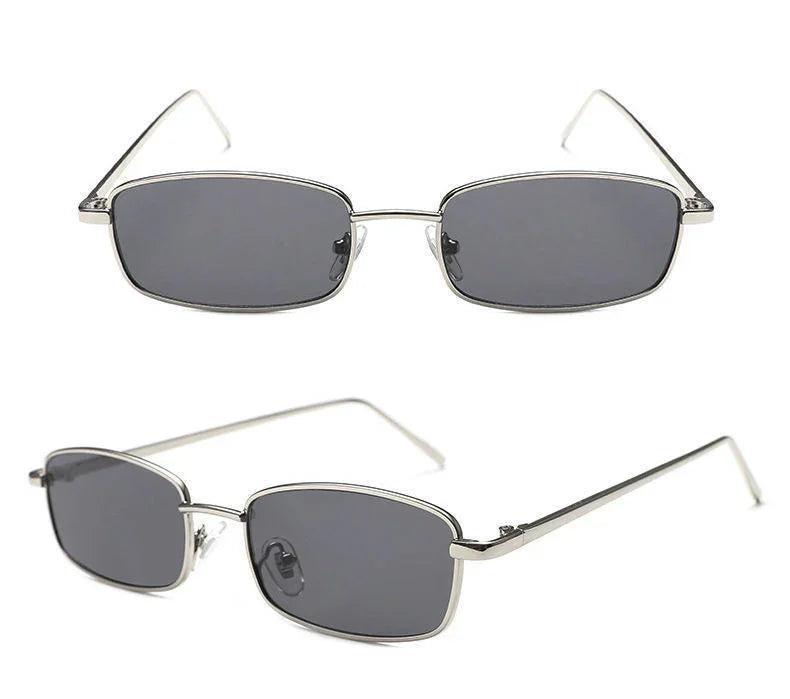 Silver metal frame rectangular dark gray lens sunglasses with thin temples on white background