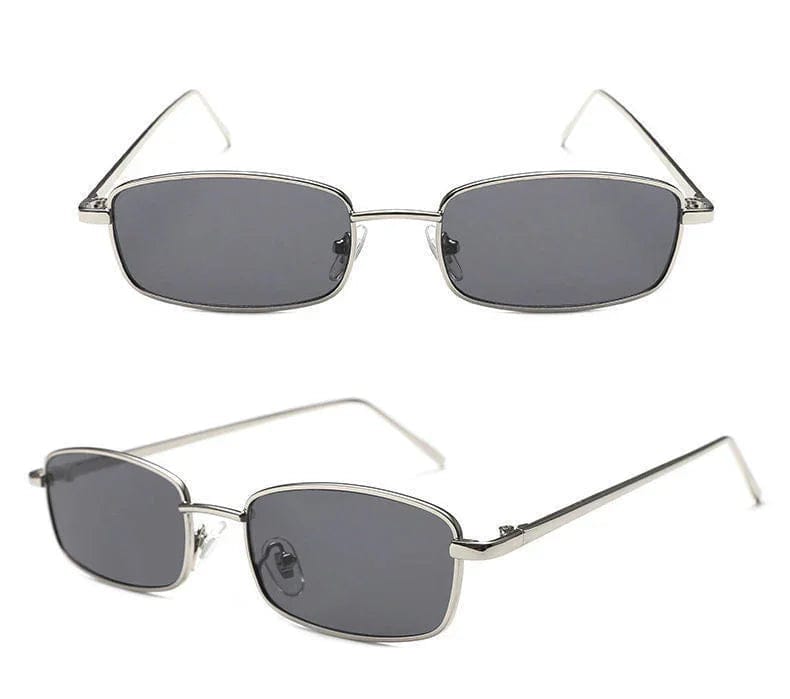 Silver metal frame rectangular dark gray lens sunglasses with thin temples on white background