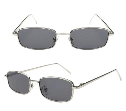 Silver metal frame rectangular dark gray lens sunglasses with thin temples on white background